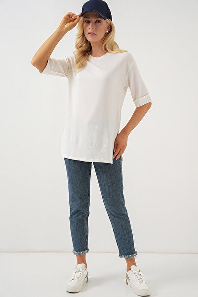 Modamorfo 4332 Knitted T-Shirt with Side Slits - White