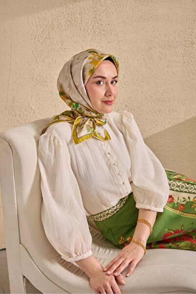 Silk Home وشاح حرير تويل مائي اللون أخضر زيتي 90x90