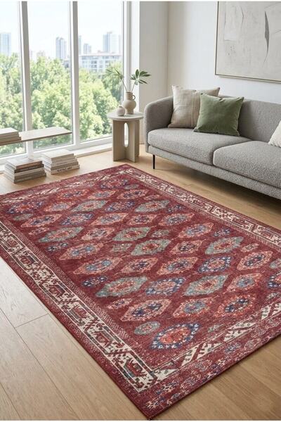 ARTLOOP Relic Bordo Vintage Dokulu Etnik Desenli Dokuma Tabanlı Şönil Halı AL...
