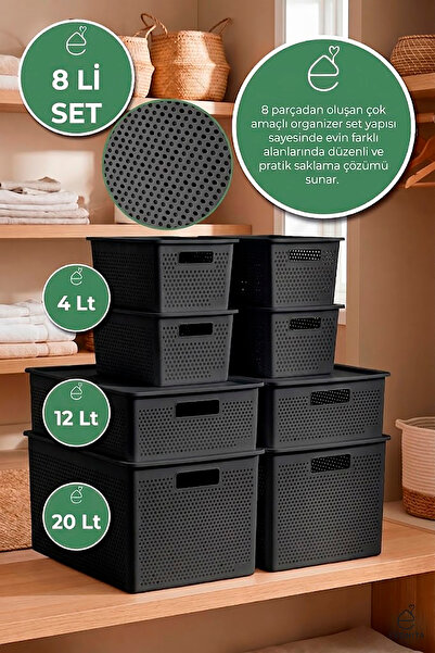 EVONİTA 8 li Kapaklı Saklama Kutusu Seti 20 LT 12 LT 4 LT Çok Amaçlı Organize...