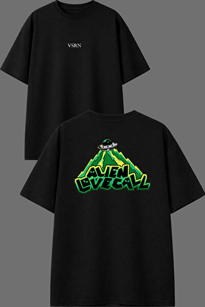 VSRN Tricou negru oversize cu imprimeu frontal și posterior Alien Alıe Design