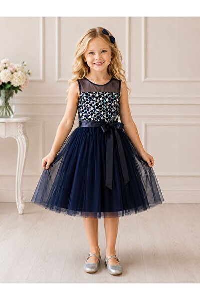 Kuzucuk Kids Bebek Çocuk Butik Lacivert Pul Payetli Tül Detaylı Kız Çocuk Abi...