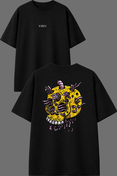 VSRN Tricou negru supradimensionat cu design cu viermi și schelet, imprimat f...