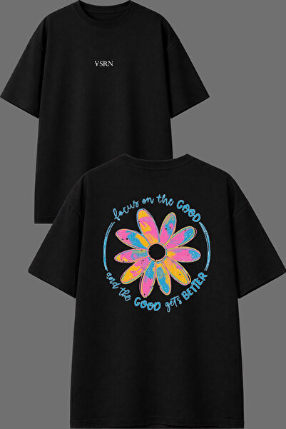 VSRN Tricou oversize negru cu imprimeu Focus Good Design față și spate