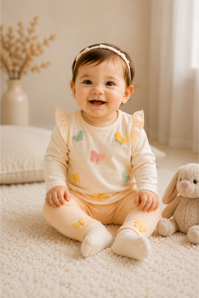 EDM Kidss Kız Bebek %100 Pamuklu Fırfırlı Kelebek Nakışlı Alt Üst Takım Kız B...