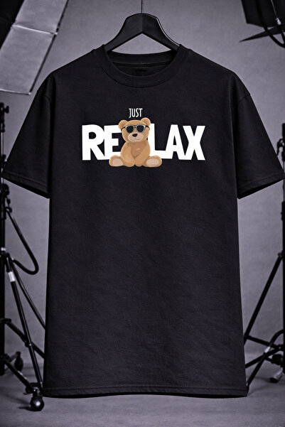 cc collection Unisex Black Just Relax Written Oversize T-Shirt