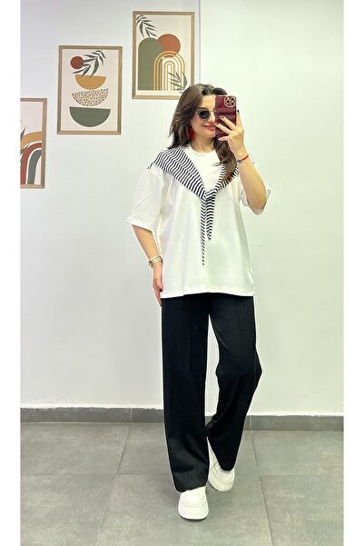 bydenizcollection Striped Collar, Tie Detail, Pocket and Patchwork Sweatpants...