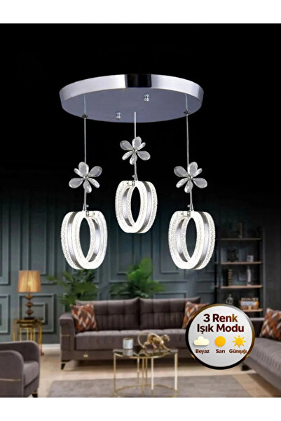 Lüxev Lighting Mozaik Model 3'lü Gümüş 3 Renk Modu Ledli Kristal Taşlı Modern...