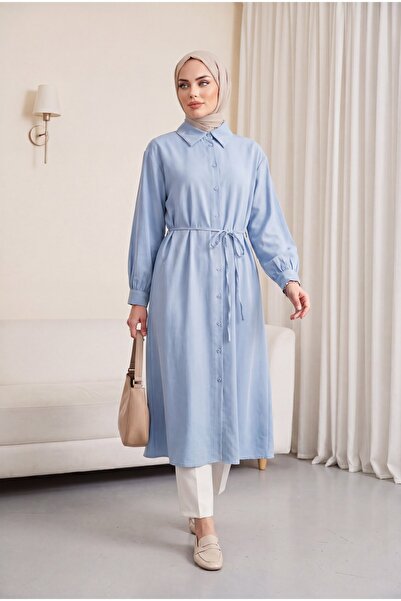 Modamorfo Buttoned Front Shirt Collar Tie-Waist Long Modal Tunic - Light Blue