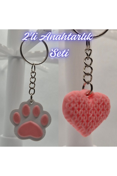 3DAtölyeMaker Light Pink Cat Paw and Light Pink Knitted Pattern Heart Keychain