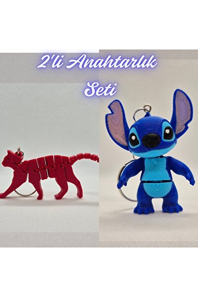 3DAtölyeMaker Fire Engine Red Flexible Cat and Blue Flexible Stitch Keychain