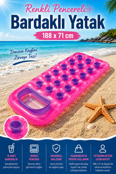 craftivio Renkli Pencereli ve Bardaklı Şişme Deniz Yatağı Yetişkin Havuz Yata...