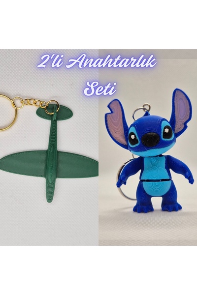 3DAtölyeMaker Dark Green Airplane and Blue Flexible Stitch Keychain