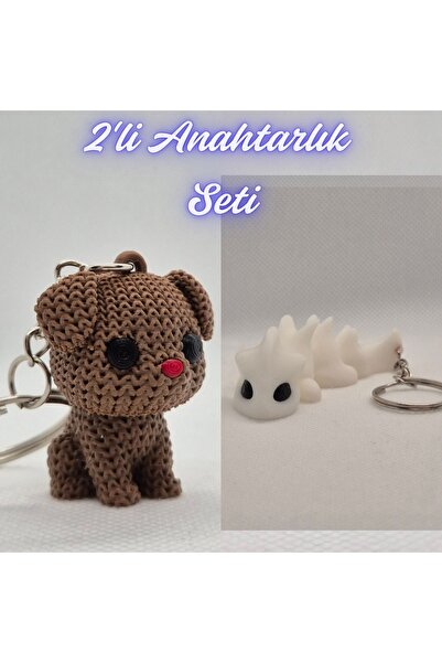 3DAtölyeMaker Dark Brown Knitted Patterned Dog and White Flexible Dragon Keyc...