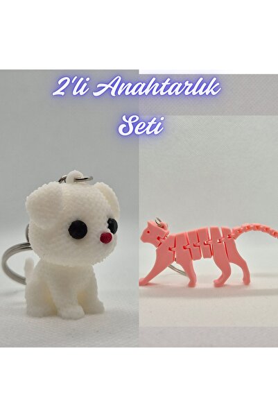 3DAtölyeMaker White Knitted Patterned Dog and Light Pink Flexible Cat Keychain