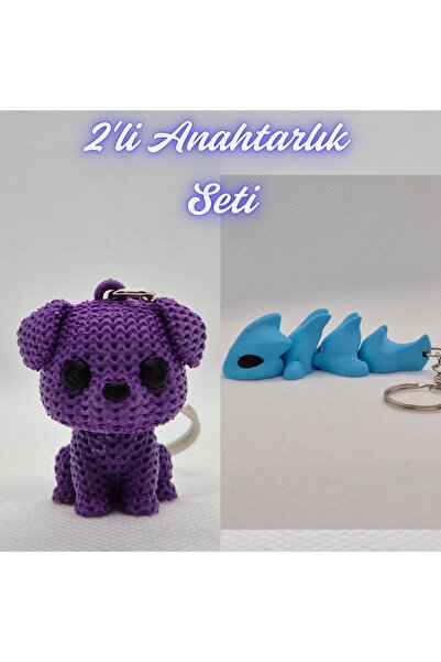 3DAtölyeMaker Purple Knitted Patterned Dog and Light Blue Flexible Dragon Key...