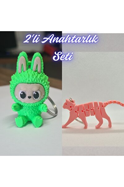 3DAtölyeMaker Green Labubu and Light Pink Flexible Cat Keychain