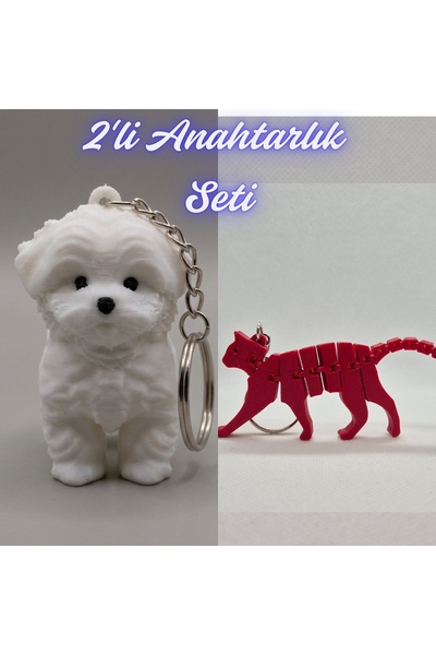 3DAtölyeMaker White Maltese Terrier and Fire Red Flexible Cat Keychain