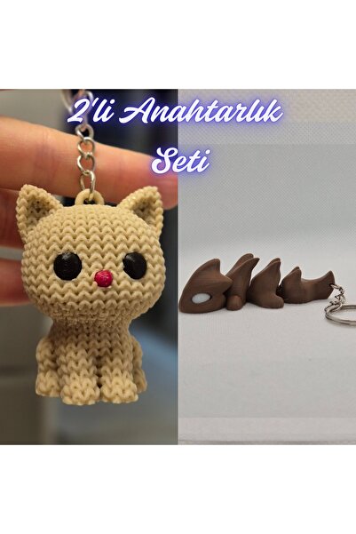 3DAtölyeMaker Cream Knitted Patterned Cat and Dark Brown Flexible Dragon Keyc...