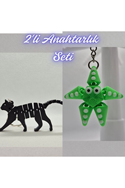3DAtölyeMaker Black Flexible Cat and Green Moving Starfish Keychain