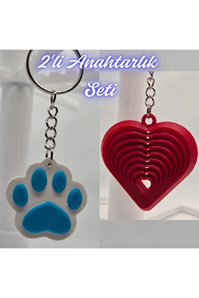 3DAtölyeMaker Light Blue Cat Paw and Fire Engine Red Moving Heart Keychain