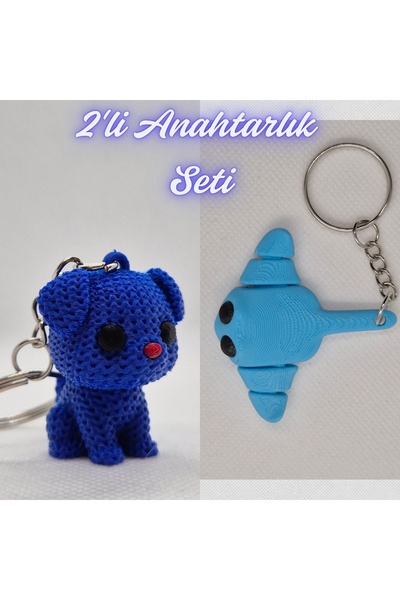 3DAtölyeMaker Blue Knitted Patterned Dog and Light Blue Flexible Stingray Key...