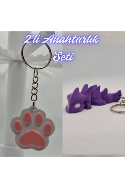 3DAtölyeMaker Light Pink Cat Paw and Purple Flexible Dragon Keychain