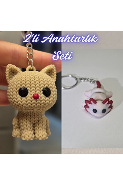 3DAtölyeMaker Cream Knitted Patterned Cat and Light Pink Flexible Axolotl Key...