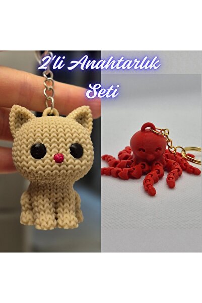 3DAtölyeMaker Cream Knitted Patterned Cat and Pink Octopus Keychain