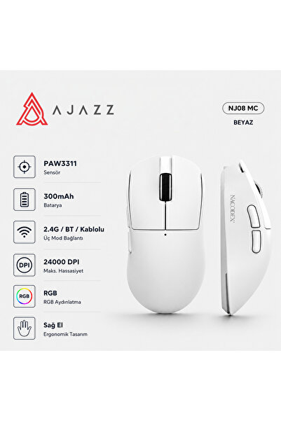 Ajazz NJ08 MC Kablosuz 3 Modlu RGB Oyuncu Mouse 24.000 DPI Paw 3311 Sensör