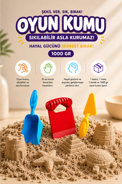 NeoThings Kinetik Oyun Kumu 1000 Gr Aksesuarlı Kurumayan Sıkılabilir Çocuk Ku...