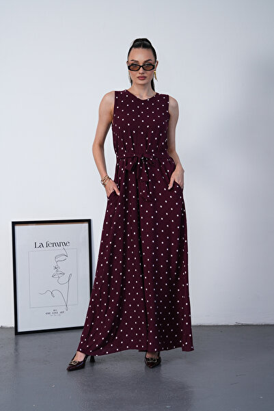 NAVY Zero Sleeve Waist Tie Detailed Polka Dot Jumpsuit
