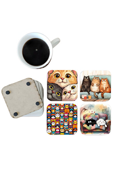 Ghostbastır Decorative Wooden Coaster Set with Cat 066