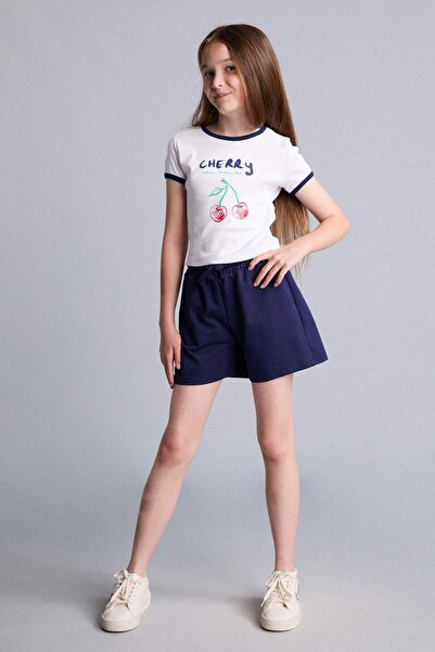 DeFacto Crew Neck Cherry Printed Short Sleeve T-Shirt Top Shorts Ribbed 2-Pie...