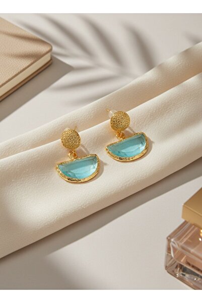 SR Jewelry Box Turkuaz Doğal Taş Küpe – Altın Detaylı Yarım Ay Minimal Şık Ta...