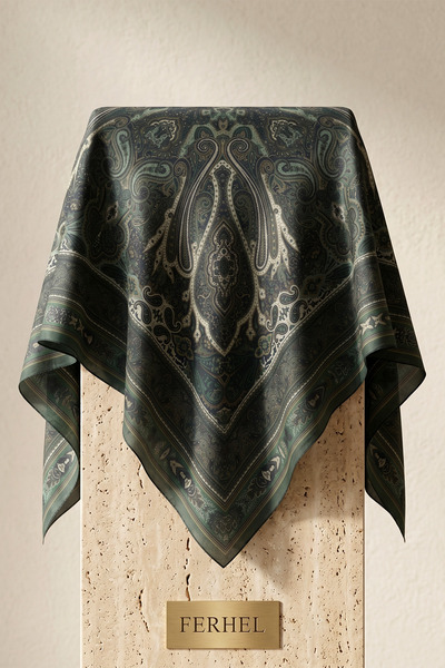 FERHEL Εθνοτικό μαντήλι με σχέδιο Paisley 120 x 120 - Σμαραγδί