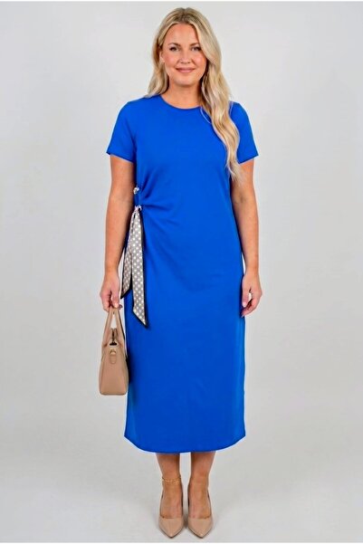 Koza Butik Women's Plus Size Short Sleeve Crew Neck Dress with Side Scarf Det...