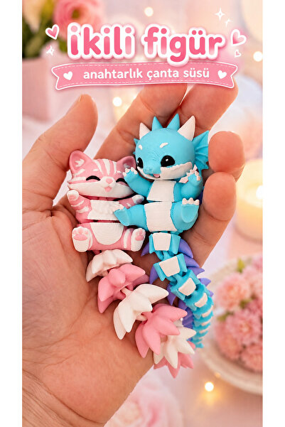 senayartstudio İkili Figür Anahtarlık Çanta Süsü Pastel Kedi Ejder Oyuncak Ak...