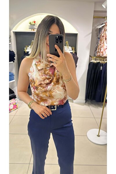 HandeButik KADIN MÜRDÜM DESENLİ HALTER YAKA BLUZ