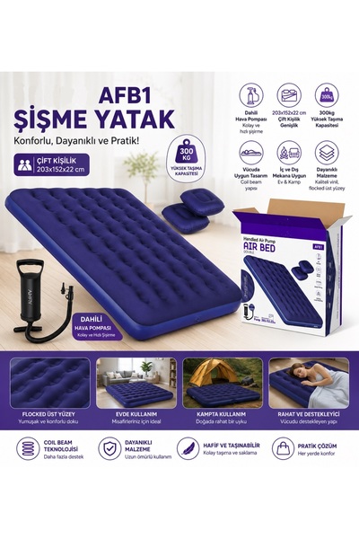Tastech AFB1 Çift Kişilik Şişme Yatak Dahili Pompalı 203x152x22cm Kamp & Ev K...
