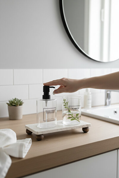 Akayev Travertine 23X12 cm Wooden Bead Footed Oil Dispenser and Liquid Soap D...