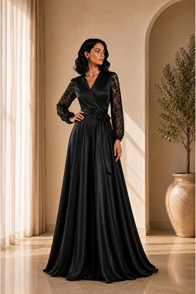 UNTIMELY Black Maxi Acetate Satin Dress with Double-Breasted Closure & Lace S...