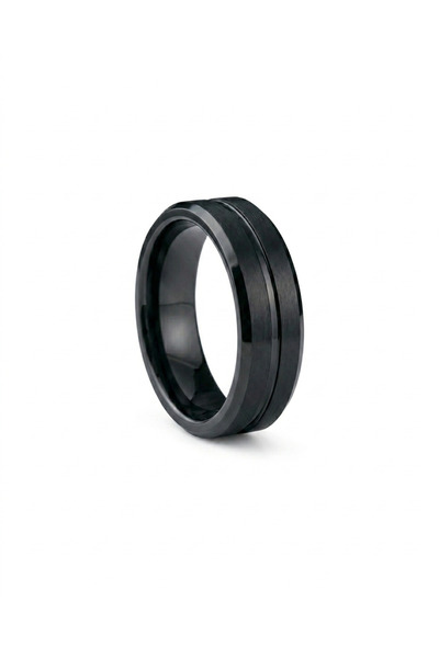 celikchi Erkek Siyah Çizgi Detay 6 mm Tungsten Yüzük