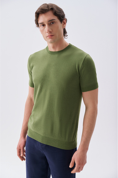 Mudo Men's Green Crew Neck Short Sleeve Knitwear Sweater