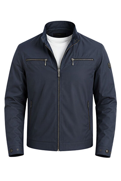 SİVAİST Men's Navy Blue Leather Piping Double Zipper Cotton Lined Embroidered...