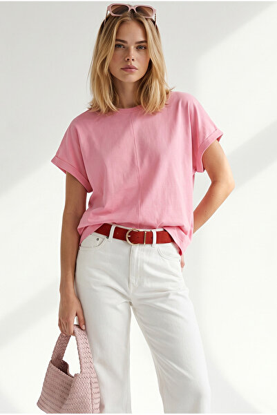Olalook Women's Pink Bat Model Sleeve Folded Loose Fit Cotton T-Shirt Tsh-190...