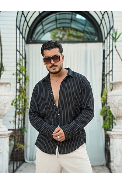 OUTFİT MAN Linen Striped Oversize Shirt Black