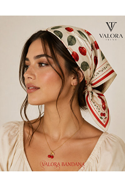 Valora Trend Kiraz Desenli Bandana & Fular – Vintage Meyve Temalı Kırmızı Kar...