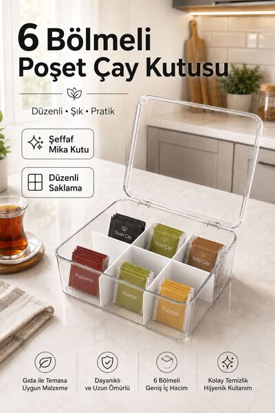 WOODCAP 6 Bölmeli Poşet Bitki Çayı Saklama Kutusu Organizer