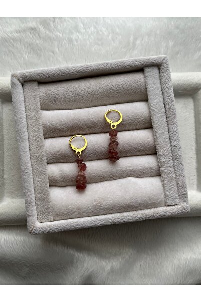Pel Design Strawberry Quartz Stone Steel Gold Color Hoop Earrings Handmade